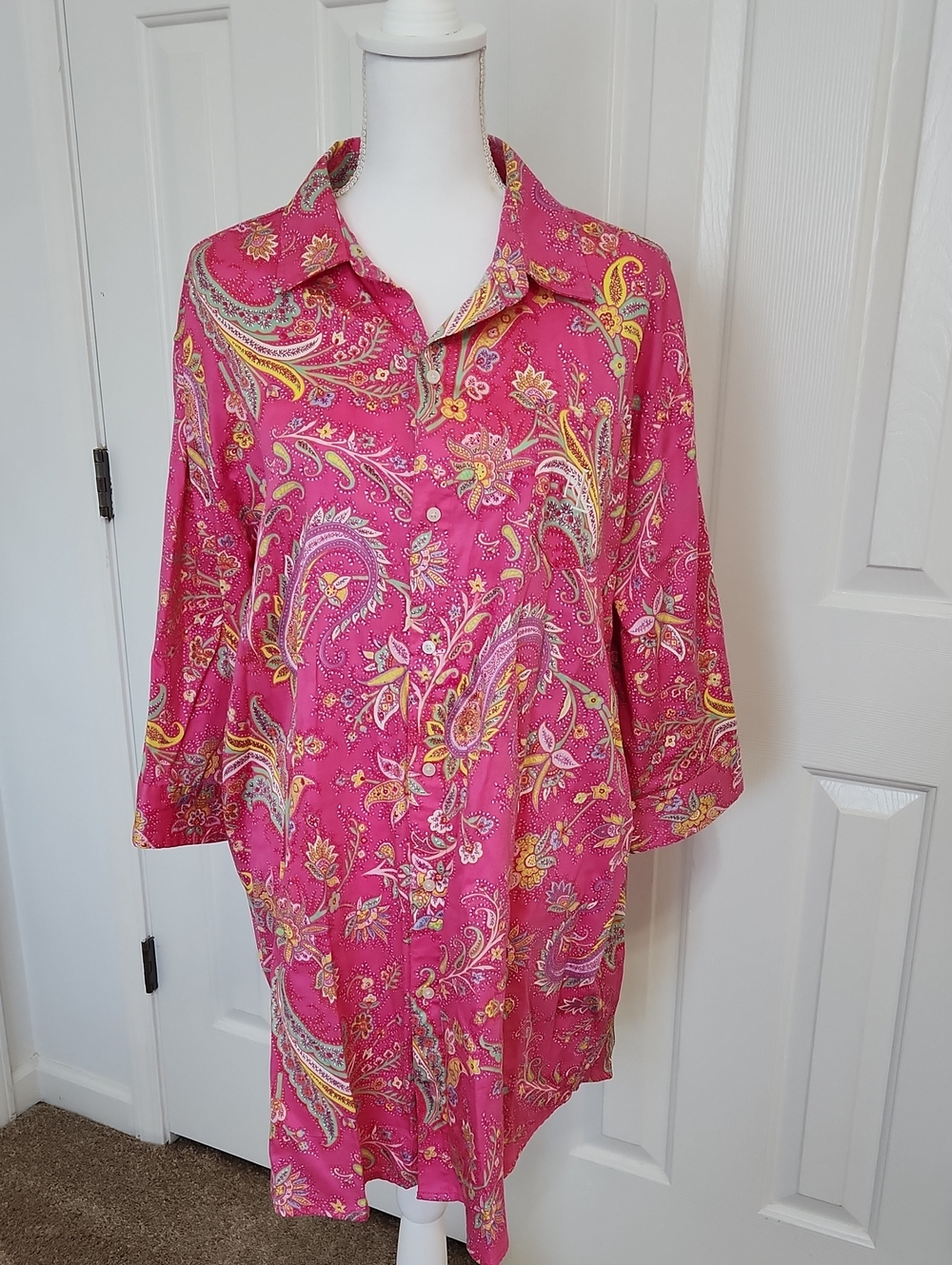 Lauren Ralph Lauren 100% Cotton Paisley Button Down Sleep Shirt XL 3/4 Sleeve